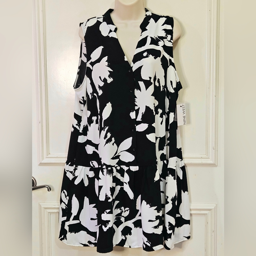 Nine West Black and White Floral Button Front Sleeveless Dress,X-Large,NWT
